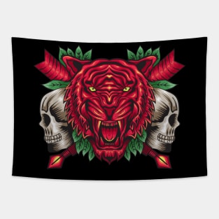 Roaring Tiger with Skull Illustration Tapestry