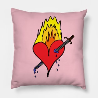 Burning red heart that was bleeding blue by a sword that ripped it! A cute, pretty, beautiful red heart drawing which is burning and ruptured by sword. Pillow