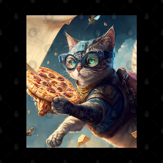 Funny Cat Flying and Delivering Pizza - Funny Digital Artwork Futuristic Art Birthday Gift Idea For Mom by Pezzolano