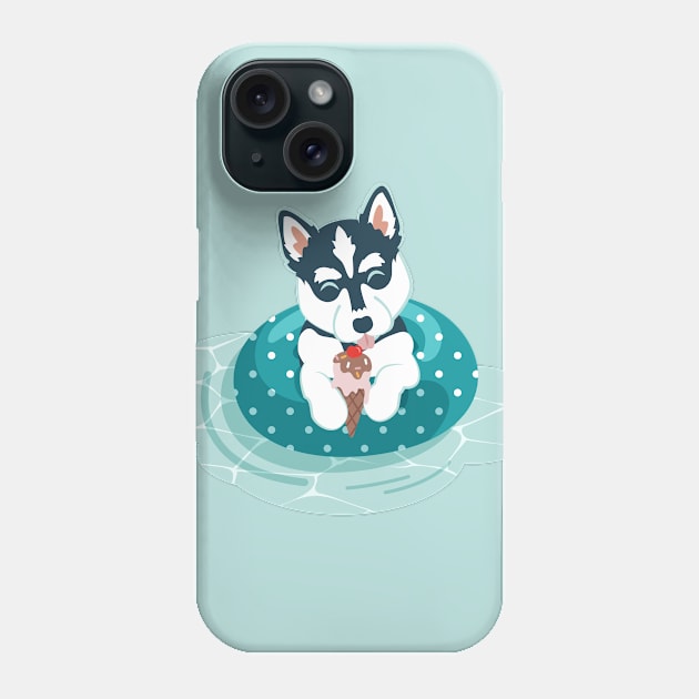 Summer pool pawty // aqua background husky dog on swimming pool float eating icecream Phone Case by SelmaCardoso