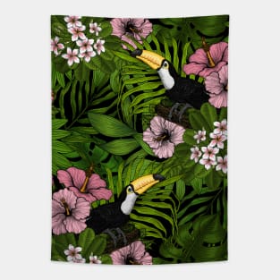 Toucans amd tropical flora, green and pink Tapestry