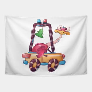 Funny ostrich driving a car cartoon concept Tapestry