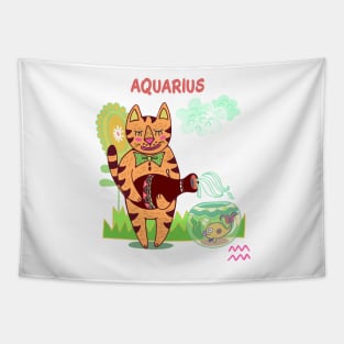 Zodiac Fun Aquarius  Fish and Cat Tapestry