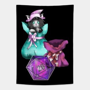 Cute black kitty cat with a dnd D20 dice Tapestry