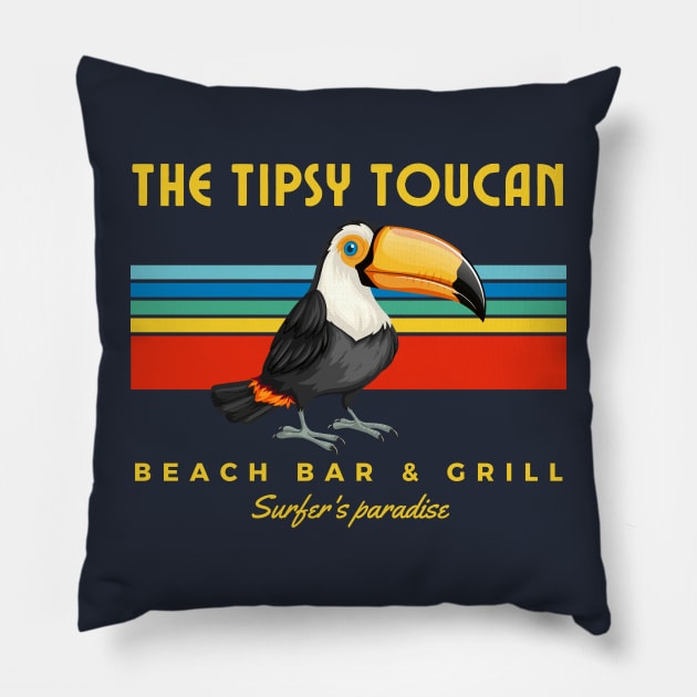 Tipsy toucan, retro beach bar and grill dive and surf Pillow by Teessential