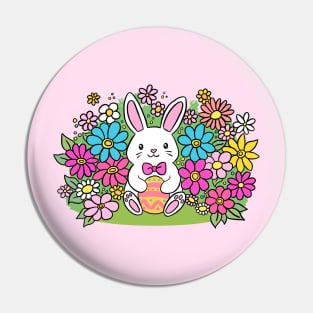 Adorable cartoon easter bunny holding a colourful egg surrounded by flowers Pin