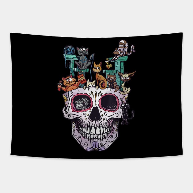 Cat Skull Shirt - Kitty Skeleton Halloween Costume Skull Cat Tapestry by zwestshops