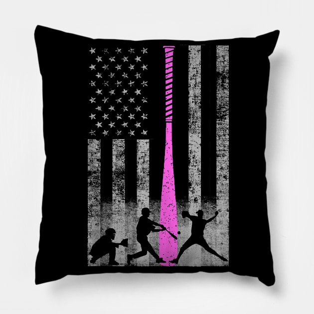 Pink Bat Baseball Flag Baseball Breast Cancer Awareness Pillow by klausgaiser