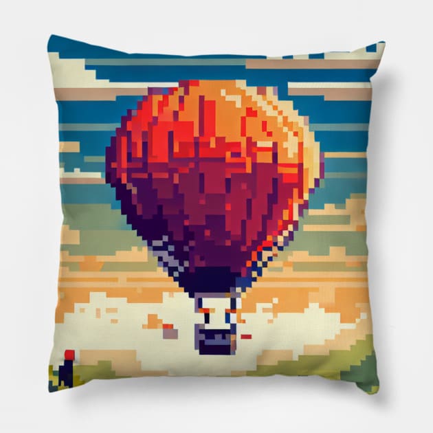 A person taking a hot air balloon ride over the countryside pixel art Pillow by maricetak