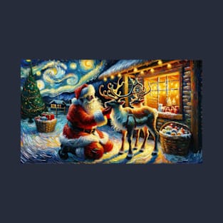 Santa & Reindeer Under Starry Skies - Van Gogh-Inspired Art Prints T-Shirt