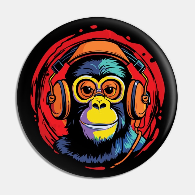 Chimp with Headphones - For Zoologists and Musicians Pin by Graphic Duster