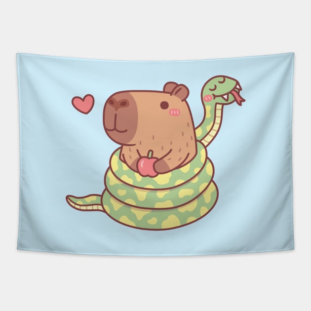 Funny Snake Wrapped Around Capybara Tapestry by rustydoodle