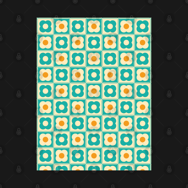 Retro Floral Checker Pattern Teal, Cream, Orange by tramasdesign