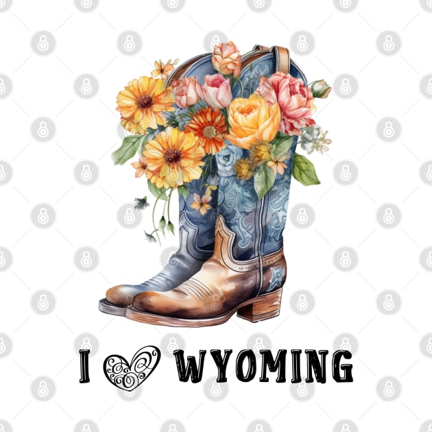 I Love Wyoming Boho Cowboy boots with Flowers by AdrianaHolmesArt