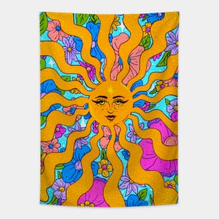 Sunshine State of Mind - Retro Sun and Florals Tapestry