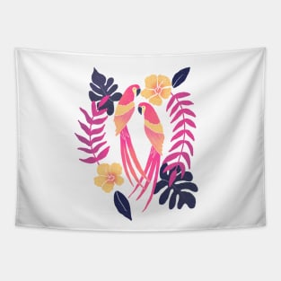 Tropical sunset parrots Tapestry