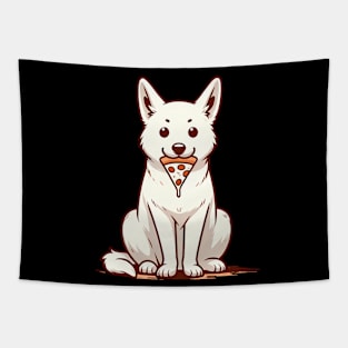 White Dog Eating Pizza Tapestry