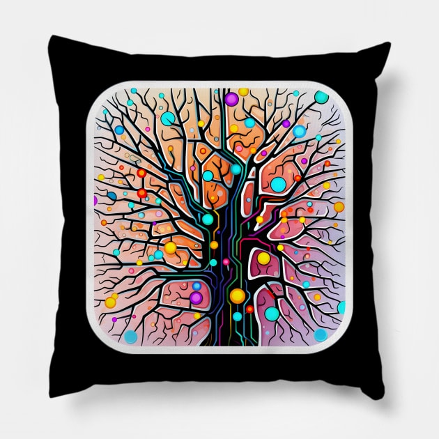 Abstract Neural Network Tree with Vibrant Synapses Pillow by AIHRGDesign