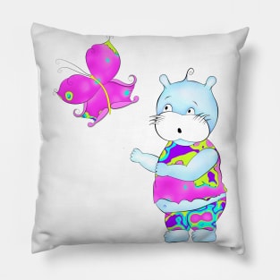 Cute hippie hippo looking at butterfly Pillow