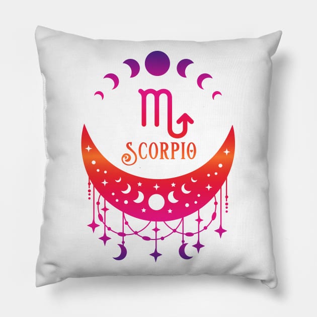 Rainbow Ombre Moon Phases and Scorpio Zodiac Symbol Pillow by Cheeky Witch