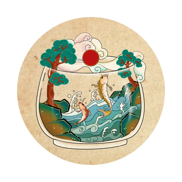 Minhwa: Jumping Carps Terrarium A Type (Korean traditional/folk art) by koreanfolkpaint