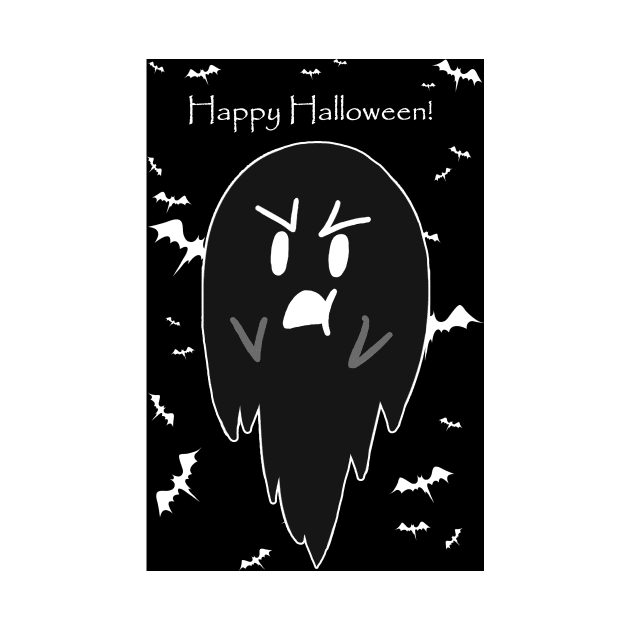 "Happy Halloween" Black Pouty Ghost by saradaboru
