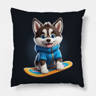 Cute Snowboarding Husky Puppy Pillow