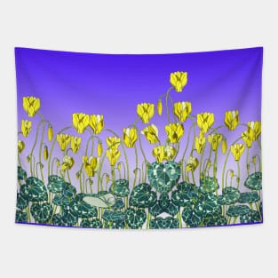 YELLOW CYCLAMENS,GREEN LEAVES UNDER BLUE SKY Floral Tapestry