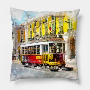 Lisbon Portugal Street Tram Amazing European city Abstract Watercolor Art Style Pillow