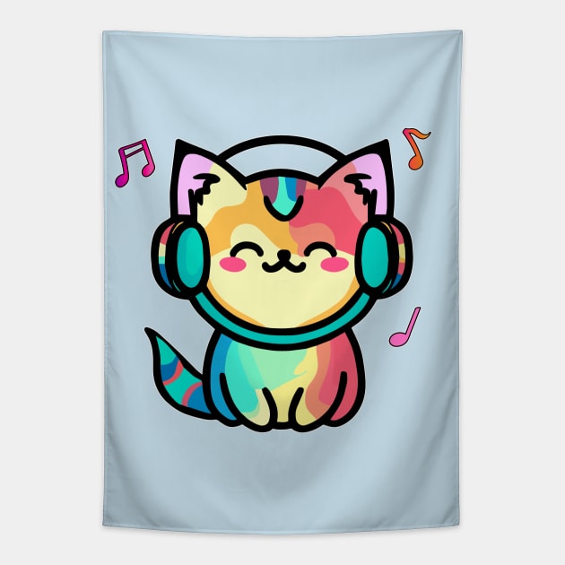 Happy smiling baby pussy cat with headphones. Kawaii cartoon Tapestry by SPJE Illustration Photography