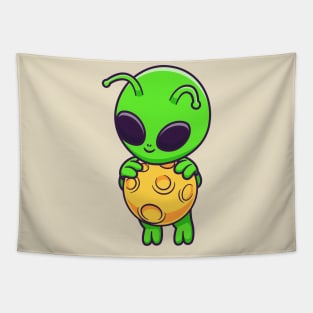 Cute Alien Flying With Moon Cartoon Tapestry