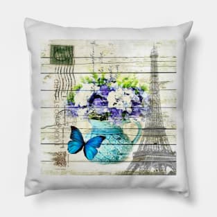 shabby chic blue butterfly flowers vintage paris eiffel tower Pillow