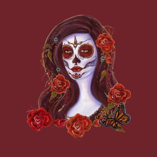 Autumn Rose day of the dead art by Renee Lavoie T-Shirt