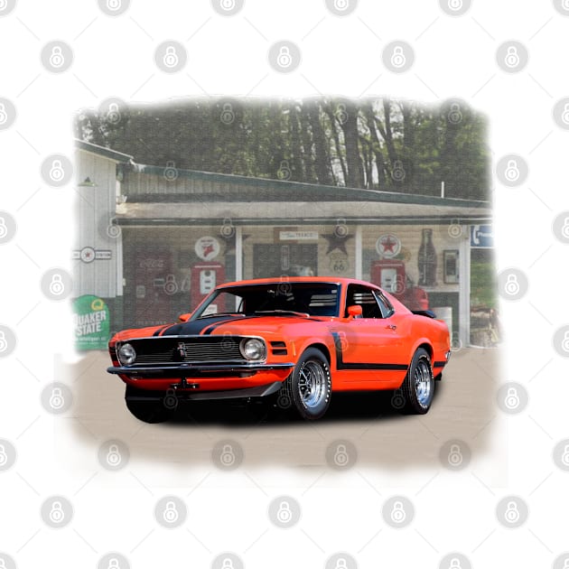 1970 Boss 302 Mustang in our filling station series on front and back by Permages LLC