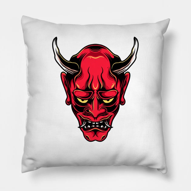 Japanese Oni Mask Tattoo Design Pillow by Alundrart