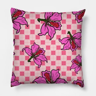 Hong Kong Bauhinia with Baby Pink Tile Floor Pattern - Summer Flower Pattern Pillow