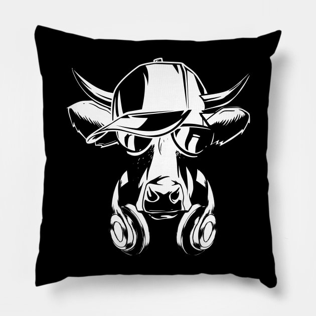 Cow with headphones and cool sunglasses Pillow by RIWA