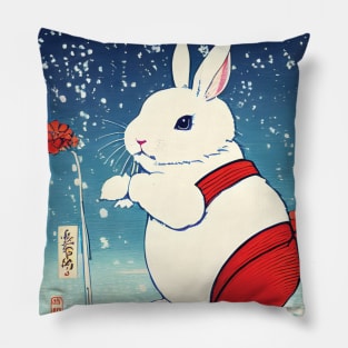 Red Christmas American Bunny Chilling in Winter Season Pillow