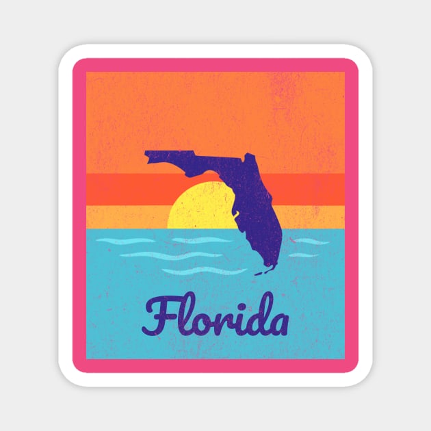 Florida Sunshine Retro Graphic – Bold State Silhouette with Ocean Sunset Magnet by DonWillisJrArt