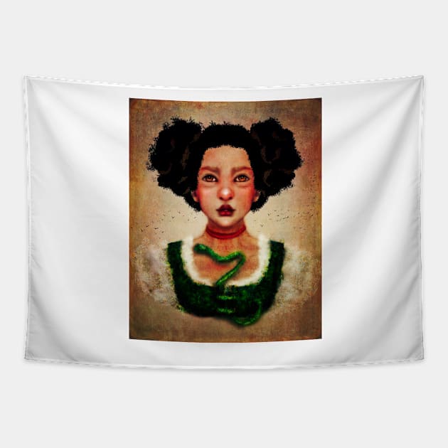 Gothic Witch Girl With Natural Hair and Emerald Green Snake Manga Style Digital Art Lilith Tapestry by penandbea