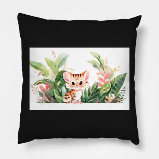 Whimsical Jungle Cat Watercolor Illustration Pillow