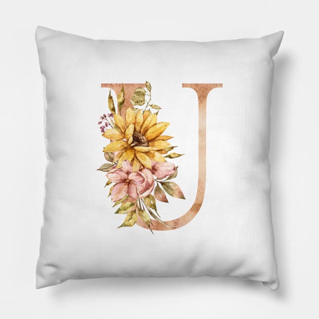 Watercolor sunflower bouquet monogram letter U Pillow by tiana geo