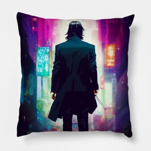 John wick in a neon city Pillow