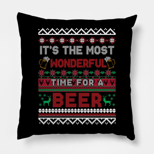 It's The Most Wonderful Time For A Beer Ugly Christmas Sweater Pillow by kamahashirt