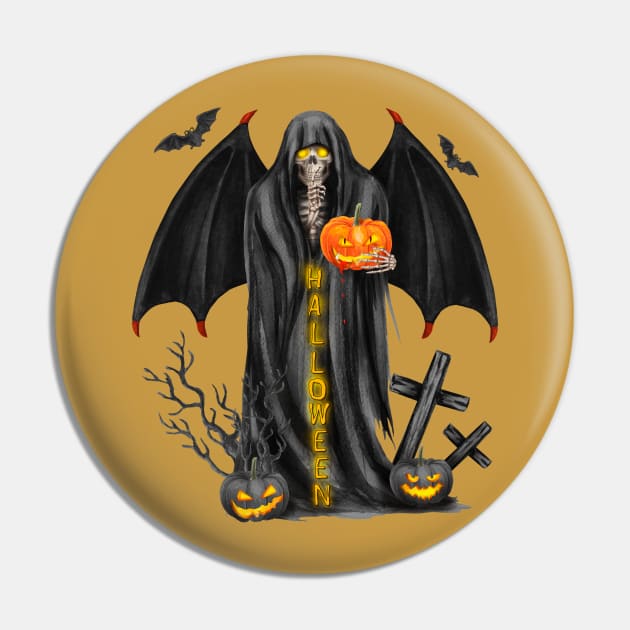 Halloween - Skeleton and Pumpkins Pin by Merilinwitch