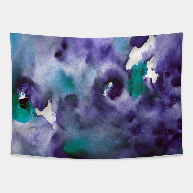 Abstract colorful background with hand-painted frozen texture. Watercolor blue-turquoise-violet painting with splashes, drops of paint, paint smear. Design for the fabric, wallpaper, cover, packaging. Tapestry by Olesya Pugach