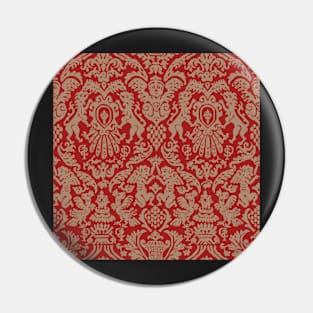 Beige on Red Weird Medieval Lions, Cherubs, and Skulls Scrollwork Damask Pin