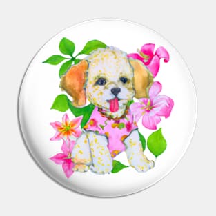 Cute puppy sitting in flower bush Pin