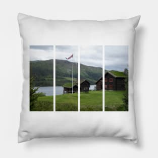 Wonderful landscapes in Norway. Vestland. Beautiful scenery of houses with grass roof. Norwegian traditional architecture Mountains, trees and snow in background. Cloudy day Pillow