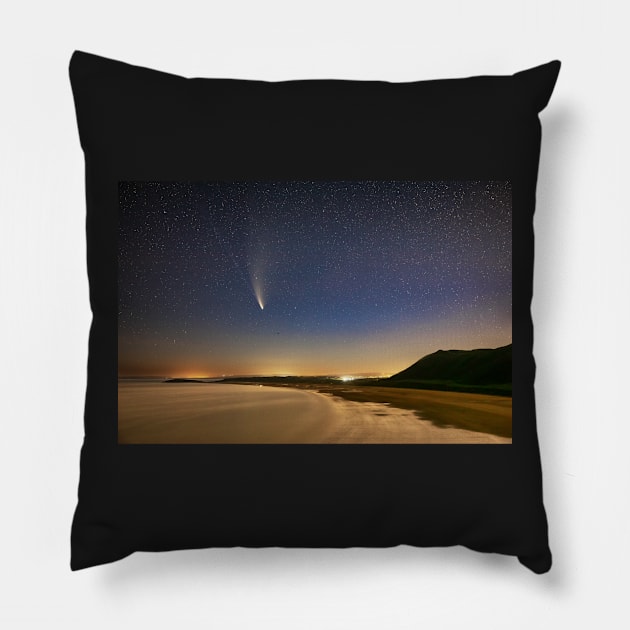 Comet NEOWISE, Rhossili Bay, Gower Pillow by dasantillo